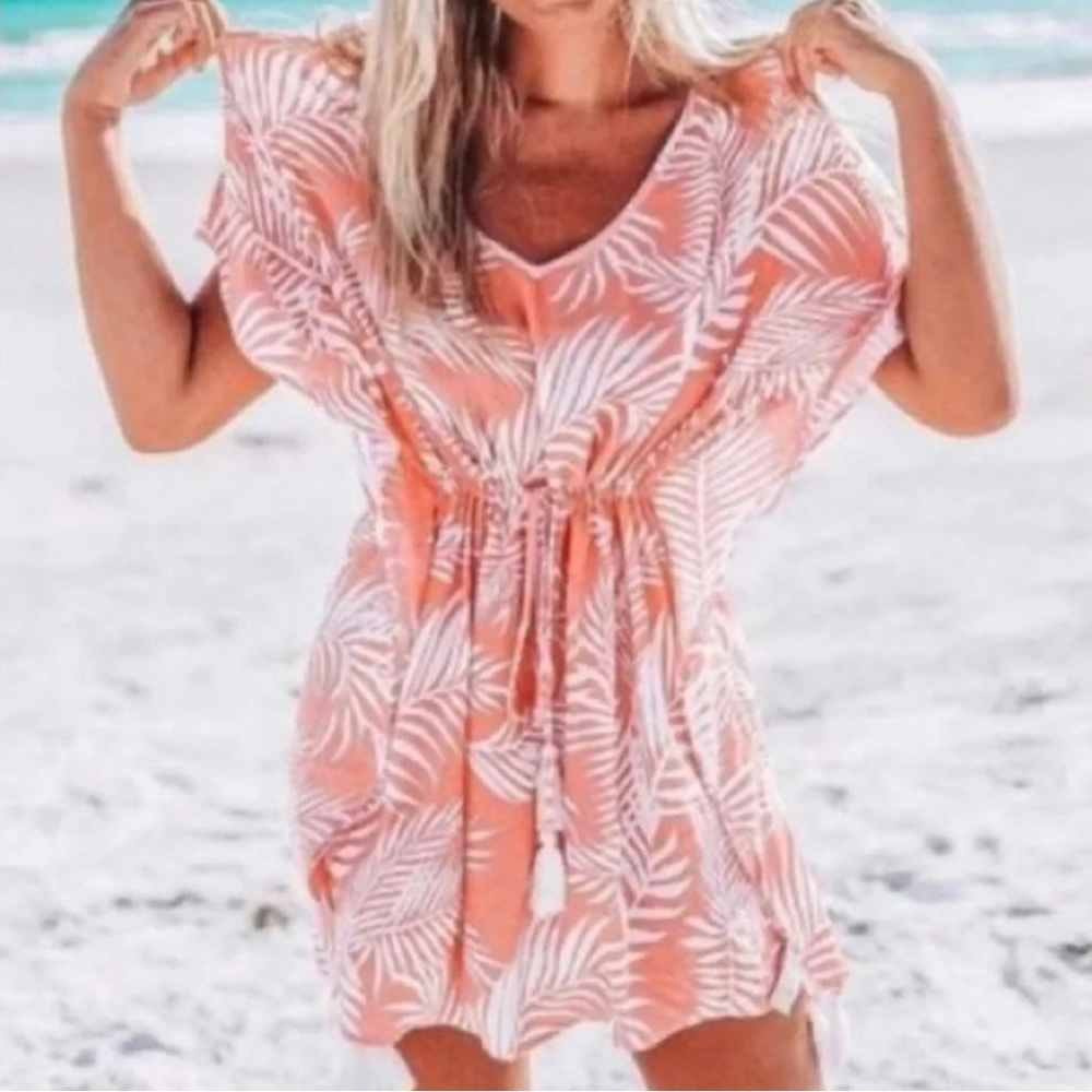 Cleobella Swim Cover Up Kaftan Coral Tropical Sunset Palm Print Tassels One Size